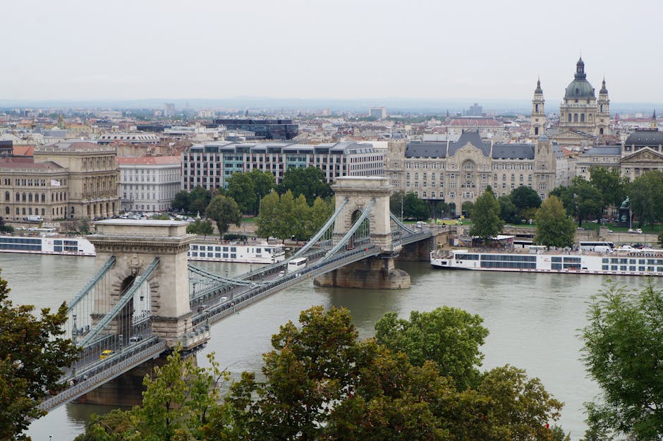 A panoramic view of the Chain Bridge spanning the river in a cityscape, with historical and modern buildings in the background, including a large domed structure and several clock towers. The bridge features stone pillars and steel suspension cables, with vehicle traffic visible on its deck. The river below is calm, with two large white passenger boats docked along the waterfront on either side of the bridge. In the foreground, lush green trees partially obscure the view, framing the scene and adding natural contrast to the urban environment. The overall atmosphere is overcast, with diffused daylight illuminating the scene evenly. This scenic view highlights the city's architectural diversity and the bridge's significance as a vital connection across the river, aligning with themes of infrastructure and urban development with relevance to transportation and cityscape imagery that could relate to private or independent travel and delivery services in a broader context.