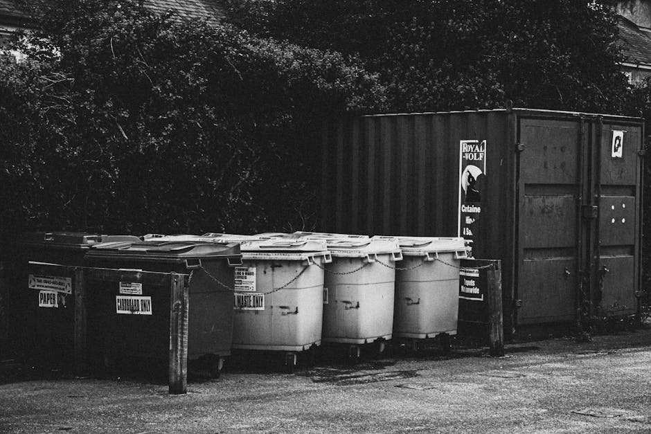 A row of five large wheeled waste bins made of sturdy plastic, with smooth, slightly reflective surfaces, are positioned on an asphalt surface next to a tall, dark shipping container. Four of the bins are light-colored, possibly beige or off-white, with closed lids tightly fitted, while the remaining bin is darker, possibly dark green or black, also with a closed lid. A small, rectangular label indicating 'WASTE ONLY' is visible on each of the bins. The bins are arranged in a straight line, with some of them slightly leaning or stacked close together. Behind them, there is dense foliage with dense branches and leaves, partially obscuring a building that is visible in the upper right corner, tipped with a sloped roof. The scene is lit evenly, with no strong shadows, suggesting overcast or diffused daylight. To the right, a large dark shipping container with visible metal ridges, hinges, and a locking mechanism stands on the asphalt, partially covering a sign with a silhouette of a bird and some text. An additional small sign, also attached to the container and featuring a logo or emblem, is visible on the door. The area appears to be a waste management or disposal zone, possibly part of a private rubbish collection service, as indicated by the presence of Waste Removal Kennington in the context, with an emphasis on clean, organized waste segregation and collection within an urban environment.